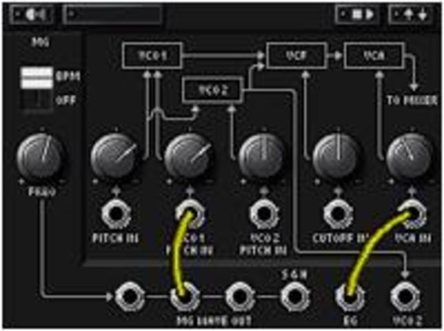 The synths can be patched using virtual cables.